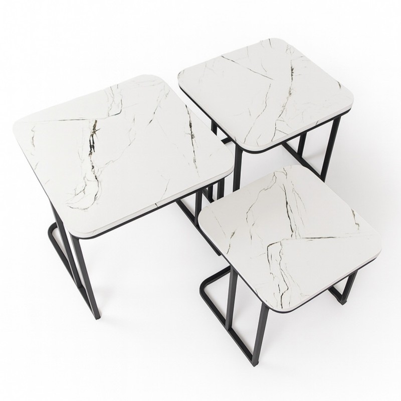 Set 3 masute laterale Borba, metal, MDF, aspect marmura, negru/alb, D.35/40/45 cm, MIFU000162-WH
