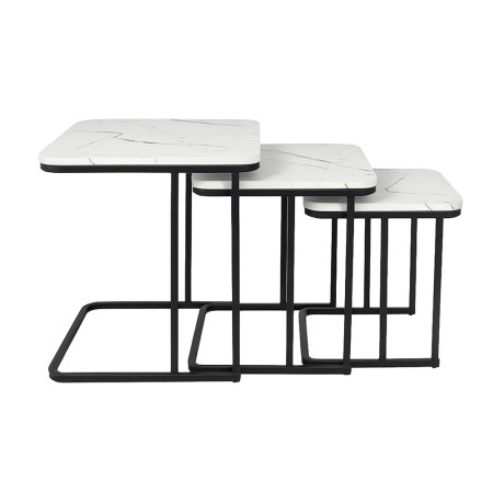 Set 3 masute laterale Borba, metal, MDF, aspect marmura, negru/alb, D.35/40/45 cm, MIFU000162-WH