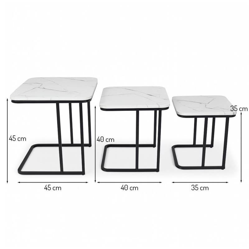 Set 3 masute laterale Borba, metal, MDF, aspect marmura, negru/alb, D.35/40/45 cm, MIFU000162-WH