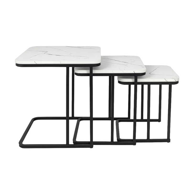 Set 3 masute laterale Borba, metal, MDF, aspect marmura, negru/alb, D.35/40/45 cm, MIFU000162-WH