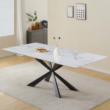 Masa dining Zamora, metal, ceramica, aspect marmura, alba, L.180 cm, MIFU000165-WH