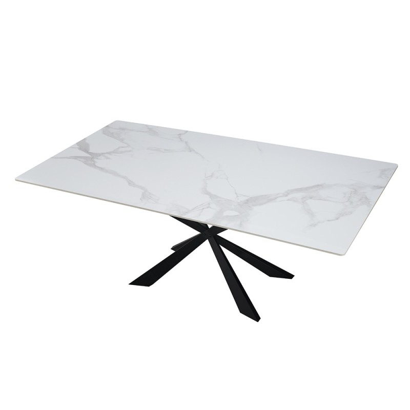 Masa dining Zamora, metal, ceramica, aspect marmura, alba, L.180 cm, MIFU000165-WH