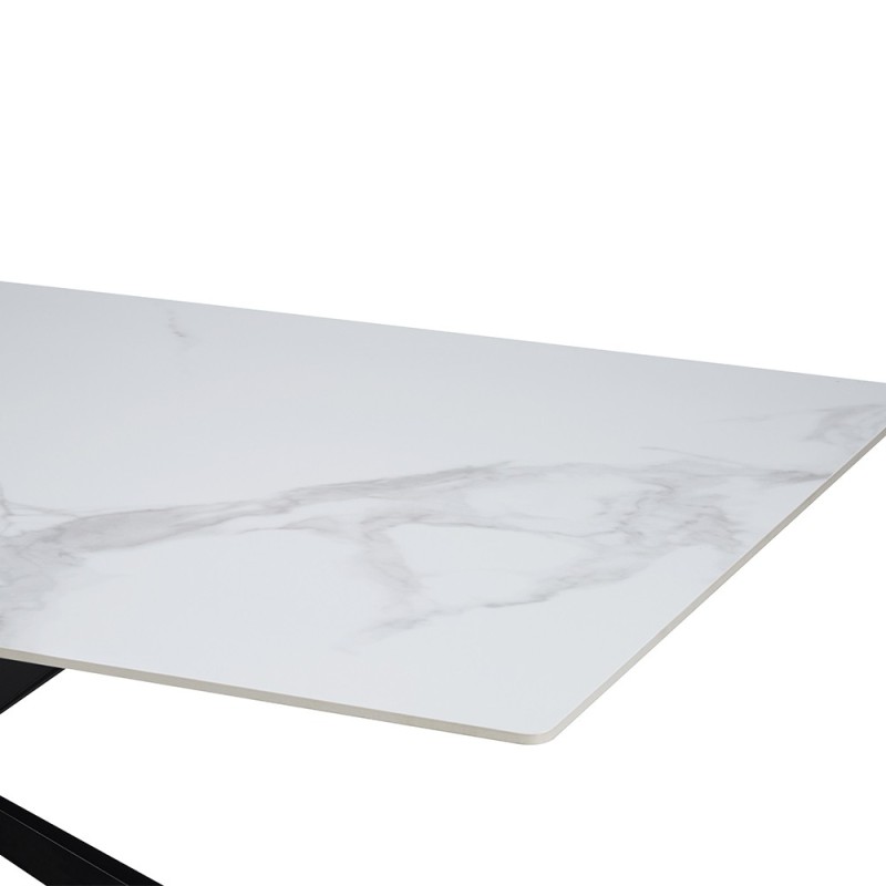 Masa dining Zamora, metal, ceramica, aspect marmura, alba, L.180 cm, MIFU000165-WH