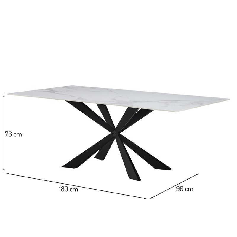 Masa dining Zamora, metal, ceramica, aspect marmura, alba, L.180 cm, MIFU000165-WH