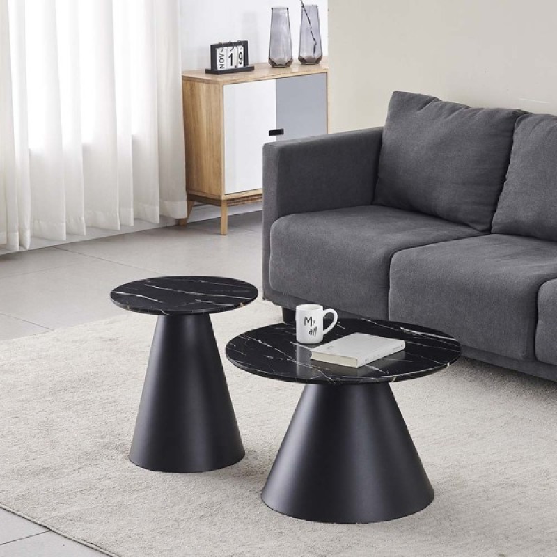 Set 2 masute de cafea Girona, metal, MDF, aspect marmura, negru, D.60/80 cm, MIFU000168-BK