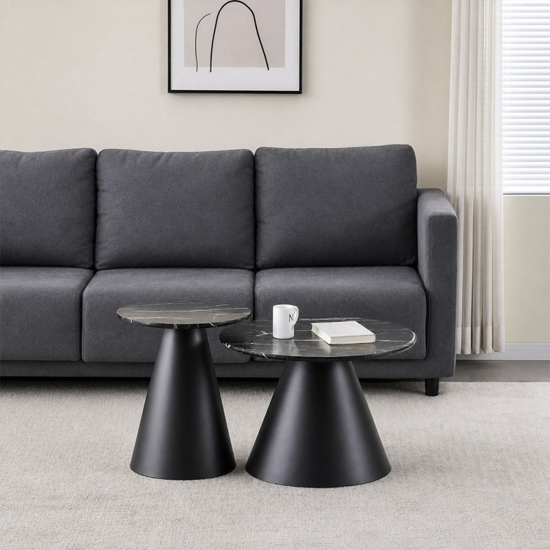 Set 2 masute de cafea Girona, metal, MDF, aspect marmura, negru, D.60/80 cm, MIFU000168-BK