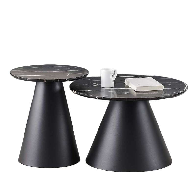 Set 2 masute de cafea Girona, metal, MDF, aspect marmura, negru, D.60/80 cm, MIFU000168-BK