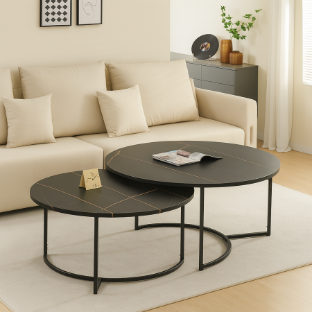 Set 2 masute de cafea Galicia, metal, MDF, aspect marmura, negru, D.80 cm, MIFU000170-BK