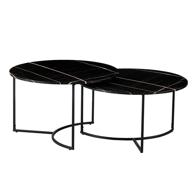 Set 2 masute de cafea Galicia, metal, MDF, aspect marmura, negru, D.80 cm, MIFU000170-BK