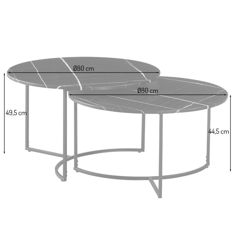Set 2 masute de cafea Galicia, metal, MDF, aspect marmura, negru, D.80 cm, MIFU000170-BK