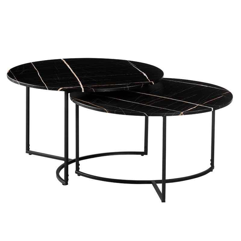 Set 2 masute de cafea Galicia, metal, MDF, aspect marmura, negru, D.80 cm, MIFU000170-BK