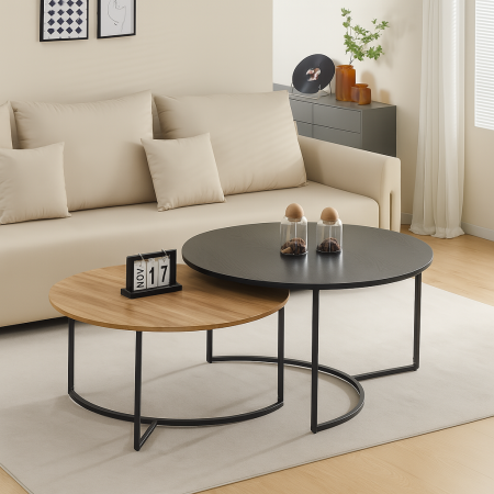 Set 2 masute de cafea Galicia, metal, MDF, natural/negru, D.80 cm, MIFU000170-BKBR