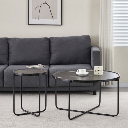 Set 2 masute de cafea Navarre, metal, MDF, aspect marmura, negru, D.40/80 cm, MIFU000171-BK