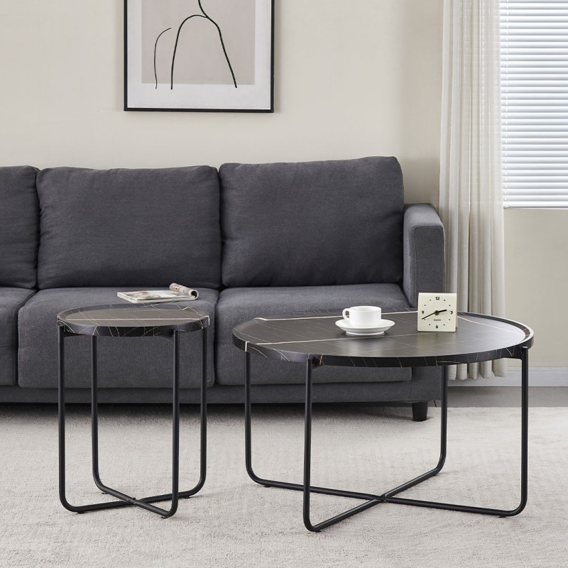 Set 2 masute de cafea Navarre, metal, MDF, aspect marmura, negru, D.40/80 cm, MIFU000171-BK