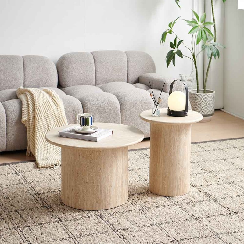 Set 2 masute de cafea Mezica, MDF, aspect travertin, bej, D.40/60 cm, MIFU000175-BG