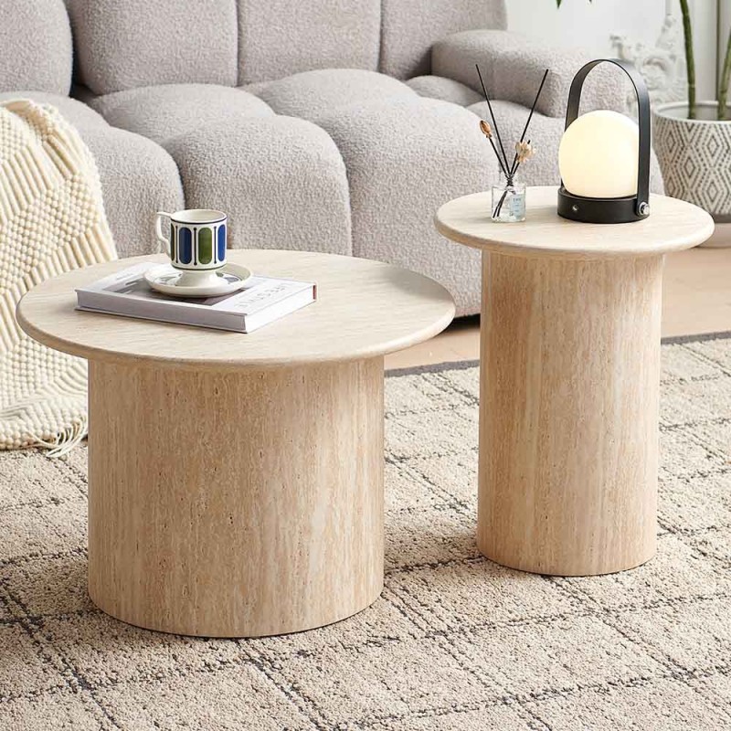 Set 2 masute de cafea Mezica, MDF, aspect travertin, bej, D.40/60 cm, MIFU000175-BG
