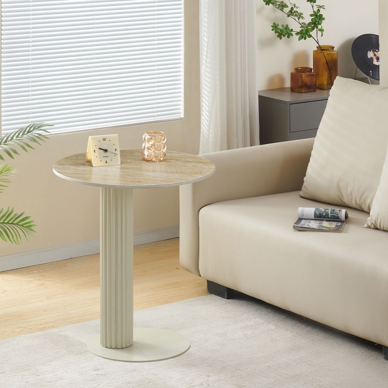Masuta laterala Hedemora, metal, ceramica, aspect travertin, bej, D.55 cm, MIFU000181-BG