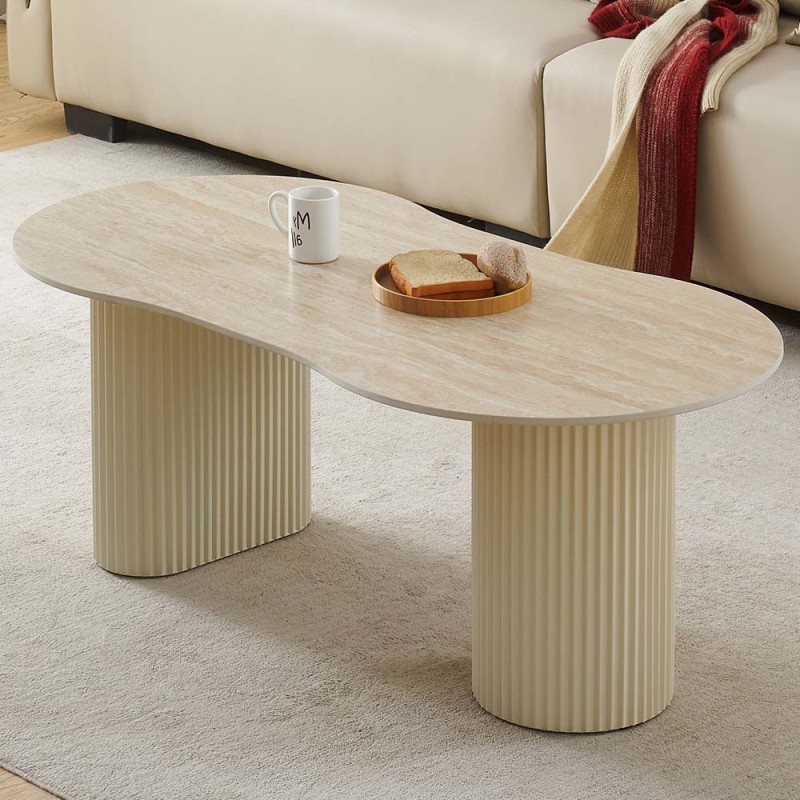 Masuta cafea Motala, metal, ceramica, aspect travertin, bej, L.120 cm, MIFU000183-BG