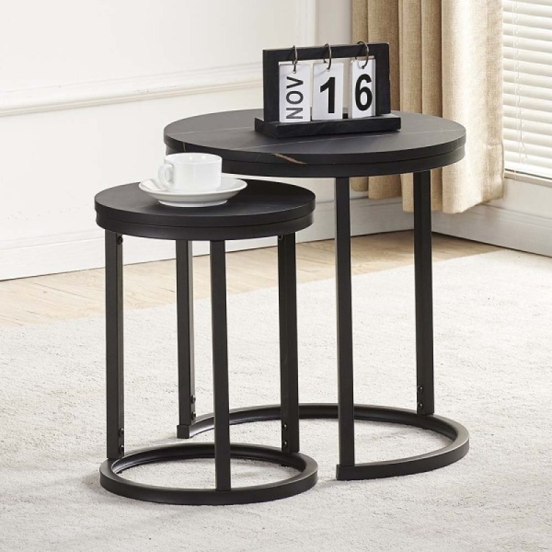 Set 2 masute laterale Skara, metal, aspect marmura, negre, D.32/45 cm, MIFU000184-BK