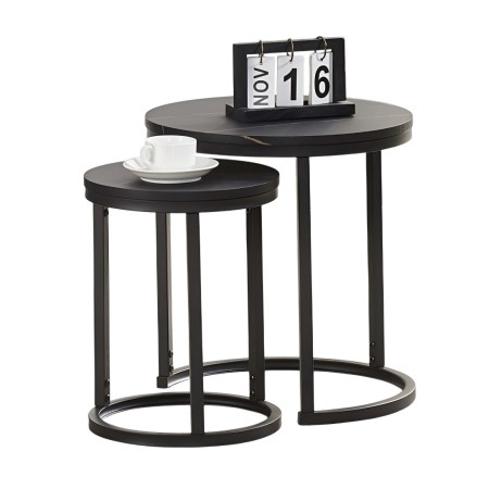 Set 2 masute laterale Skara, metal, aspect marmura, negre, D.32/45 cm, MIFU000184-BK