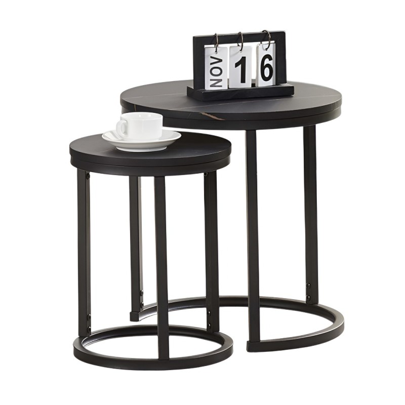 Set 2 masute laterale Skara, metal, aspect marmura, negre, D.32/45 cm, MIFU000184-BK