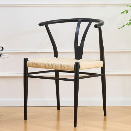 Scaun dining Baku, metal, ratan, negru, H.71 cm, MIFU000193-WOOD
