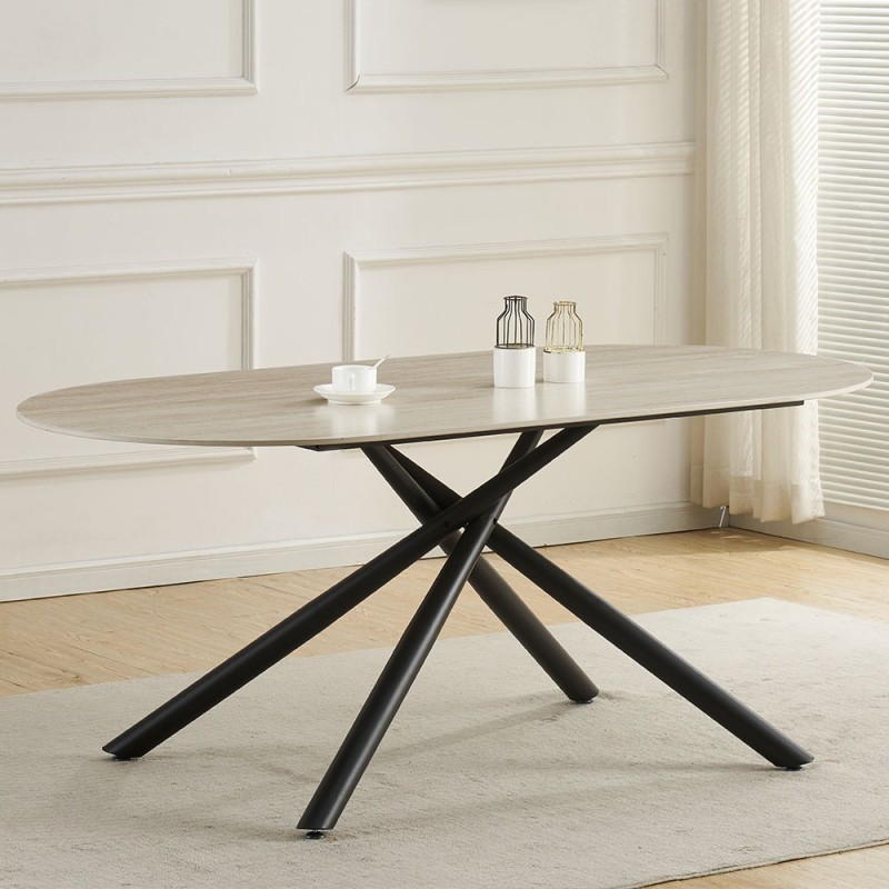 Masa dining Mezdra, metal, ceramica, aspect travertin, bej, L.180 cm, MIFU000217-BG