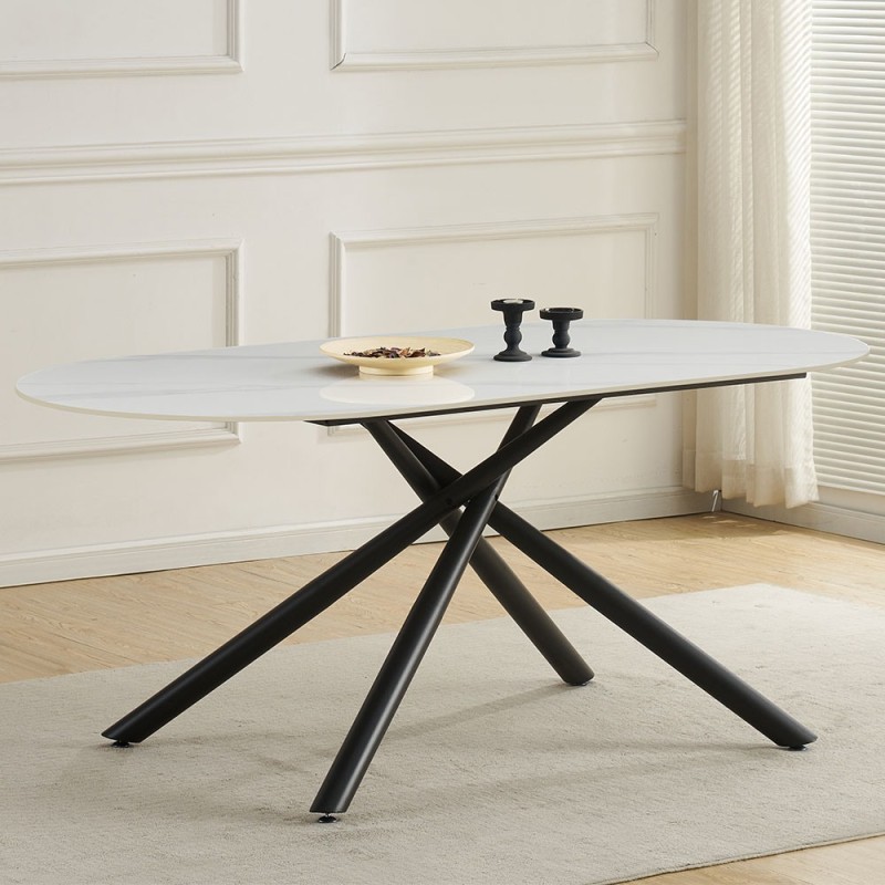 Masa dining Mezdra, metal, ceramica, aspect marmura, alba, L.180 cm, MIFU000217-WH