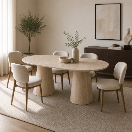 Masa dining Elvas, MDF, ceramica, aspect travertin, bej, L.200 cm, MIFU000240-SD