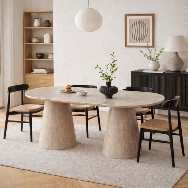 Masa dining Elvas, MDF, ceramica, aspect travertin, bej, L.200 cm, MIFU000240-SD