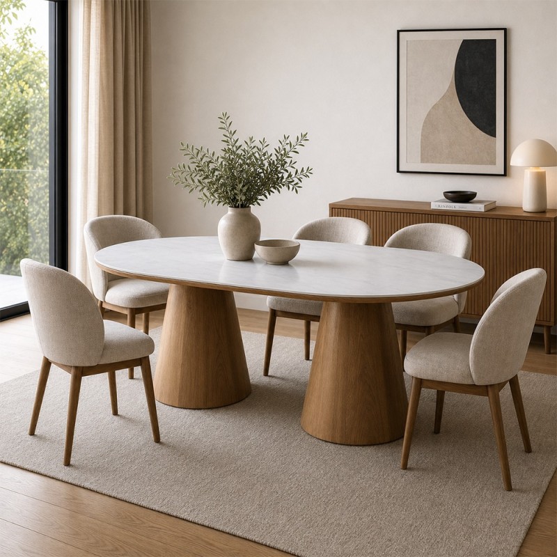 Masa dining Elvas, MDF, ceramica, aspect marmura, natural/alba, L.200 cm, MIFU000240-WH