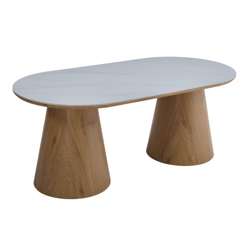 Masa dining Elvas, MDF, ceramica, aspect marmura, natural/alba, L.200 cm, MIFU000240-WH