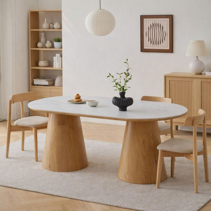 Masa dining Elvas, MDF, ceramica, aspect marmura, natural/alba, L.200 cm, MIFU000240-WH