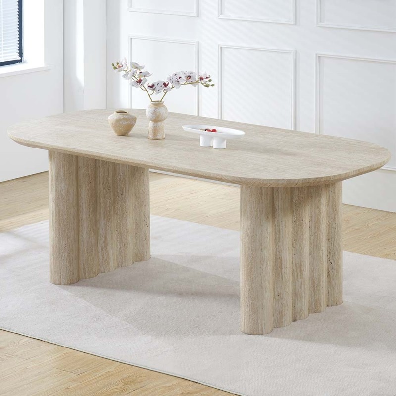 Masa dining Zafra, MDF, aspect travertin, bej, L.200 cm, MIFU000242-SD