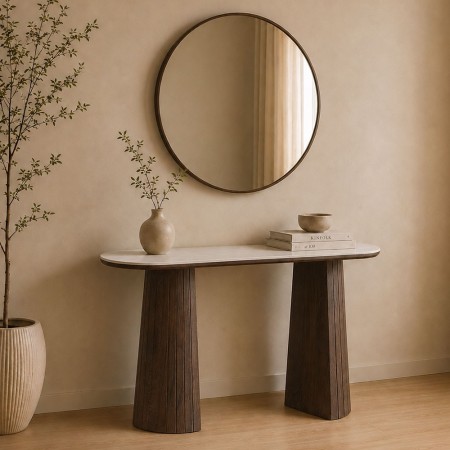 Consola Zahara, MDF, ceramica, maro, aspect travertin, L.120 cm, MIFU000262-WALN