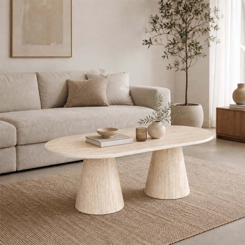 Masa de cafea Hamar, MDF, ceramica, aspect travertin, bej, L.130 cm, MIFU000282-SD
