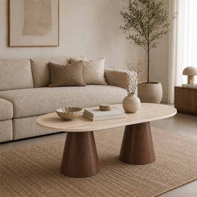 Masa de cafea Hamar, MDF, ceramica, aspect nuc, bej/maro, L.130 cm, MIFU000282-WALN