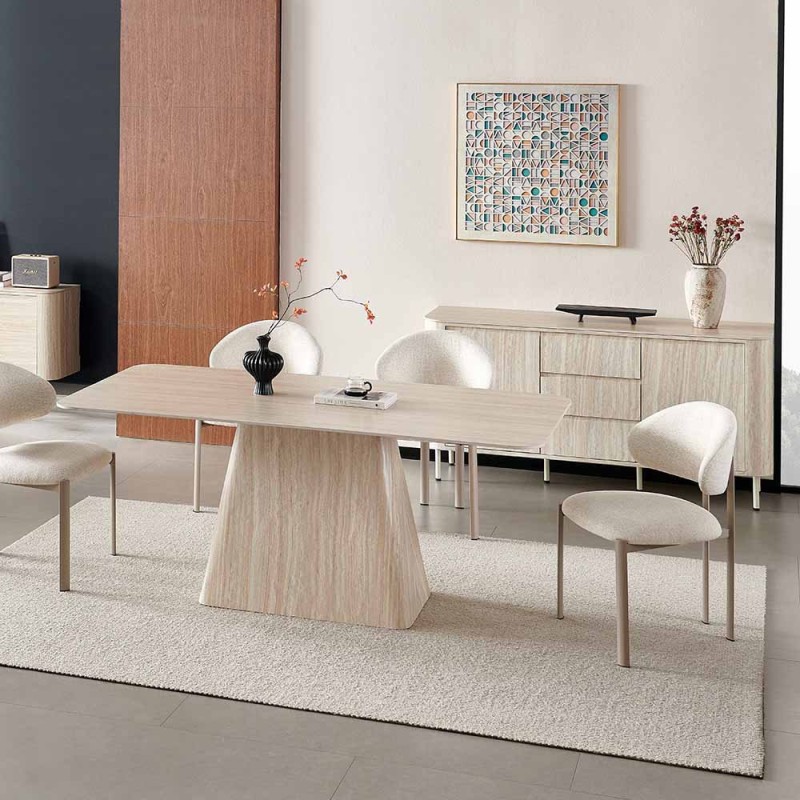 Masa dining Fermo, MDF, ceramica, aspect travertin, bej, L.180 cm, MIFU000286-BG
