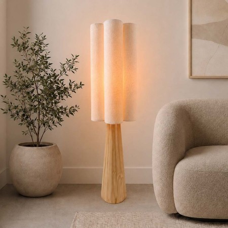 Lampadar Bacau, metal, lemn, PVC, material textil, alb, 1XE27, H.125 cm, MILD000180-WOOD