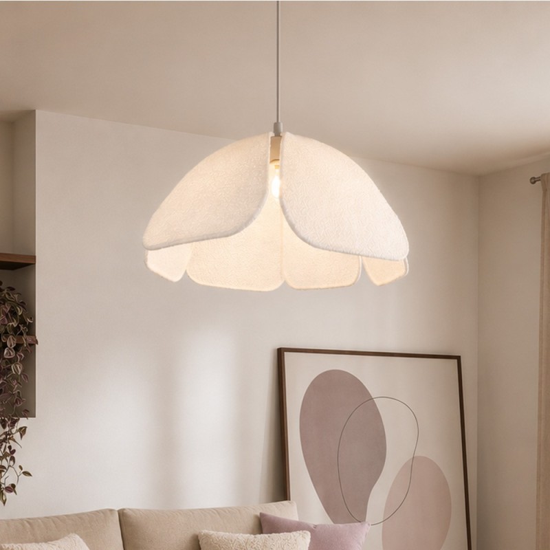 Suspensie Lecce, metal, PVC, material textil boucle, alba, 1XE27, D.60 cm, MILD000190-WH