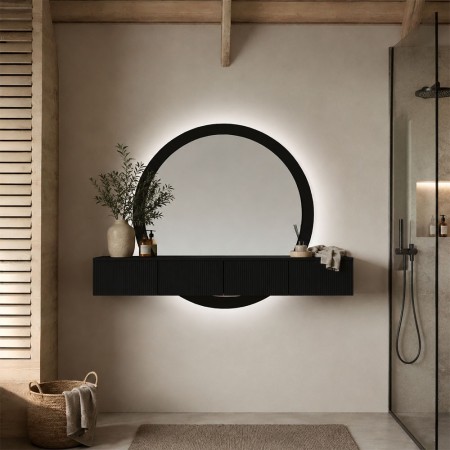 Masa de toaleta suspendata si iluminata Laren, MDF, sticla, neagra, L.140 cm, MILD000234-BK