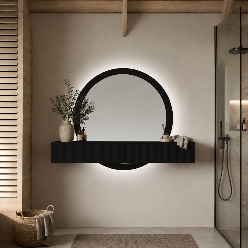Masa de toaleta suspendata si iluminata Laren, MDF, sticla, neagra, L.140 cm, MILD000234-BK