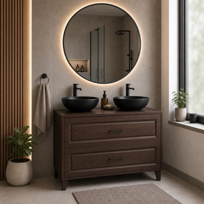 Set mobilier de baie Dorothy Ristretto, MDF, PAL melaminat, stejar ristretto, blat stejar ristretto, L.120 cm, lavoare River, SET-DOR B 120CM UN RIVER