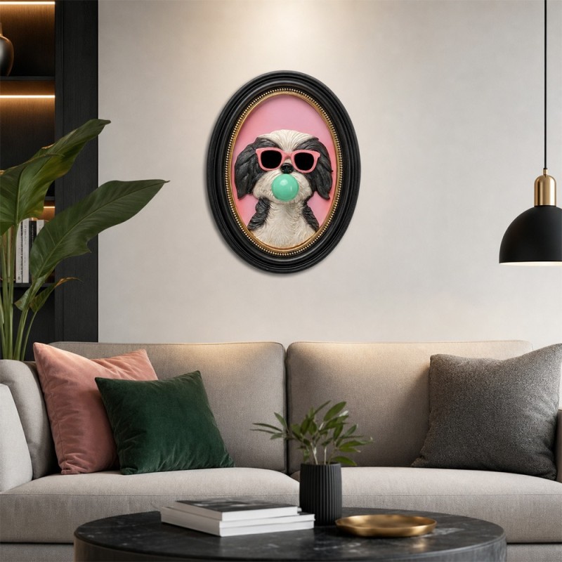 Decoratiune de perete Bubble Dog, MDF, polirasina, negru/roz, H.31 cm, 58671