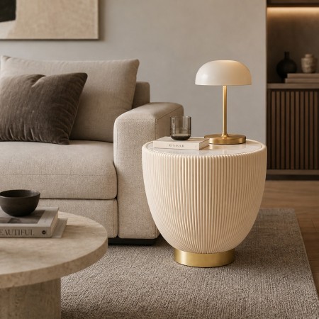 Masuta laterala Vegas, metal, MDF, ceramica, alb/bej, D.47 cm, 70806