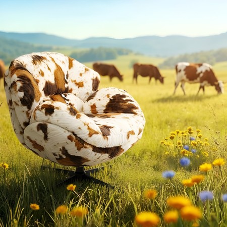 Fotoliu rotativ Cutie Cow, metal, poliester, alb/maro, H.85 cm, 71569