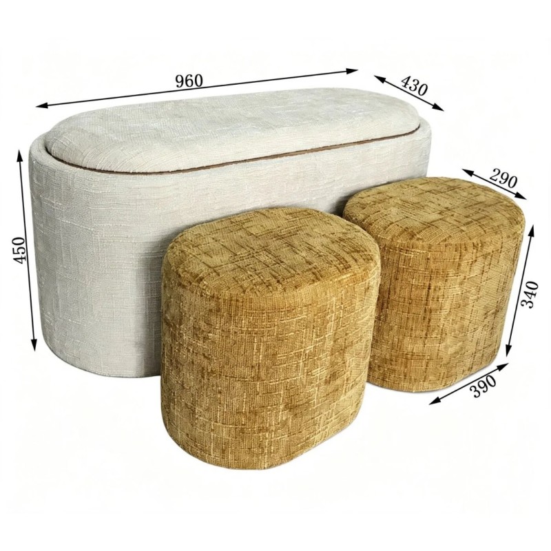 Bancheta cu depozitare Acapella, MDF, spuma, poliester, crem/maro, 3 piese, L.96 cm, 71783