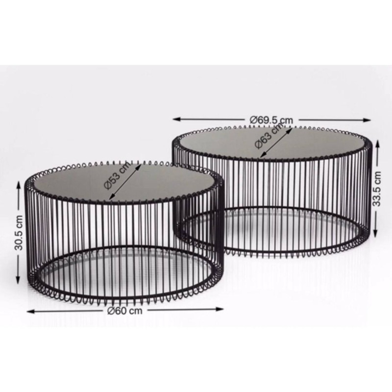 Set 2 masute de cafea Wire, metal, sticla, negru, D.69 cm, 79577