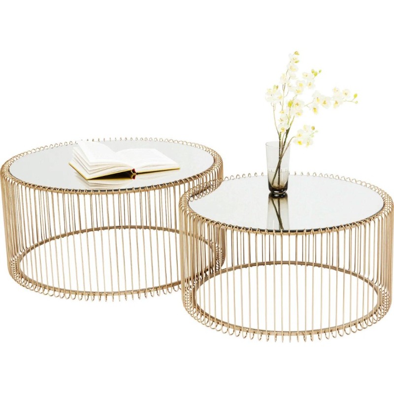 Set 2 masute de cafea Wire, metal, sticla, auriu, D.69 cm, 83456