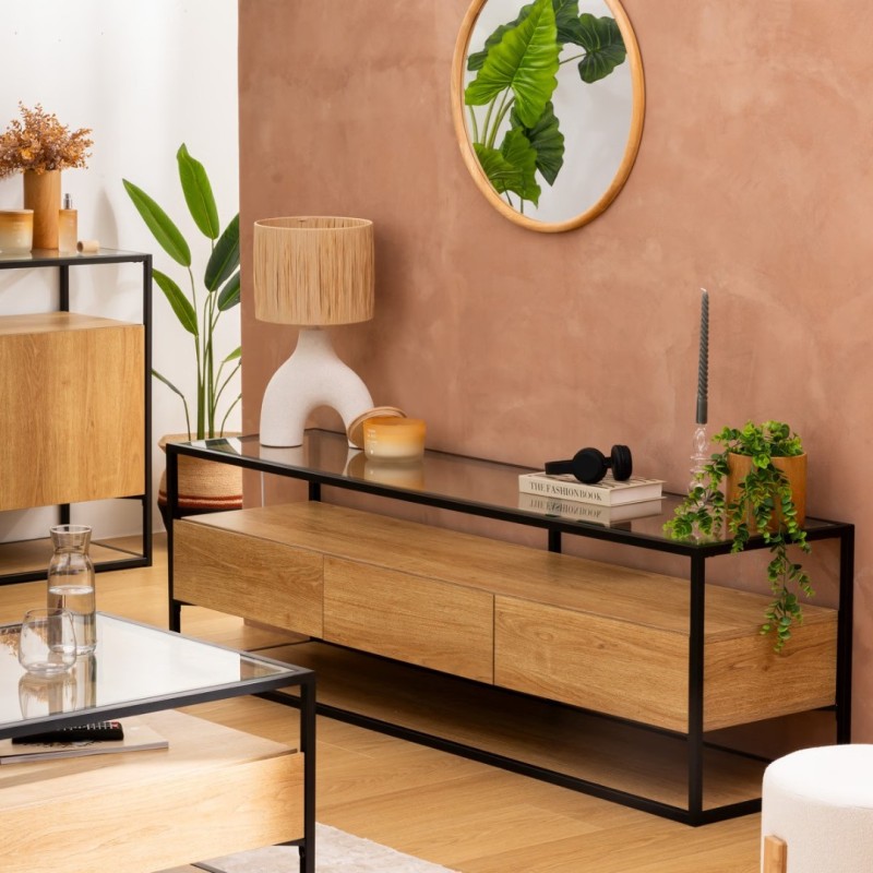 Comoda TV Aldea, metal, MDF, sticla, L.160 cm, 206033